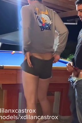 Cruising Fucking a Young Gay Bareback in a Public Pool Hall I Cum Inside His Tight Ass