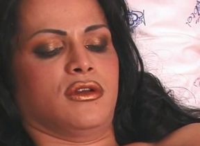 Busty shemale jerking her hard schlong in solo video