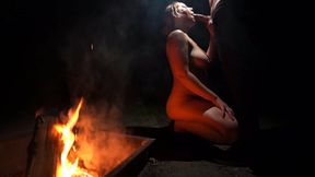 Exposed and licking in a wild forest setting