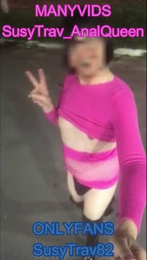 Pink sissy slutwalks flashing tits caught live on street exhibitionist adventure