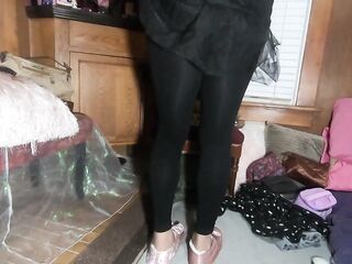 Cute T-hotty in frilly suit and ebony tights showing off her toenail polish