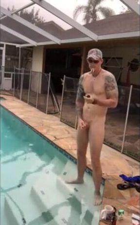 Muscular Hunk Jerks Off by the Pool with a Cigarette