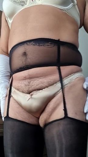 Modeling and Getting Excited in My Nude Nylon Lingerie, Tights, Panties and Vintage Bra