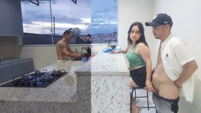 Fucking hot wife in the kitchen until she cums, while the cuckold washes the dishes