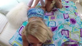 Stepsisters got caught fucking each other and they convince Stepdaddy to join