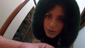 Hot Mature Orgasm&#x1F4A6; &#x2013; Blowjob & Sperm on Green Shiny Downjacket- preview