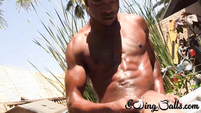 ”Black dude Charles King plays with his huge black cock until spunk shot”