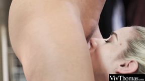 ”Pretty brunette tries on a sexy dress to pleasure lesbian lover”