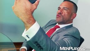 Latino businessman Nicholas Bardem anal drills himself while jerking