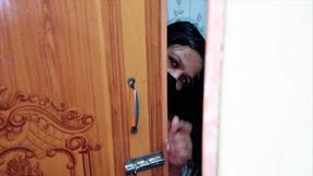 Cute wife husband enjoy romantic moment in bathroom