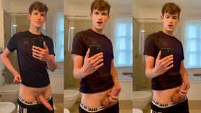 Cute hung twink covers bathroom floor in cum