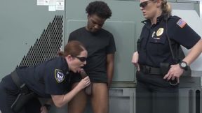 Busty milf cops subdue creep into banging their tight pussies