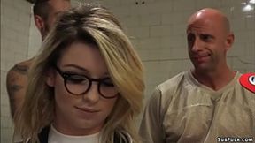 Sexy blonde journalist Aspen Ora took by group of football players and got double penetration fucked by their big dicks in locker room