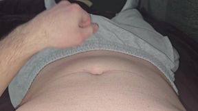 cum explosion in grey joggers! phantomgentx lays back and shoots massive load - solo masturbation