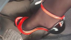 Pumping Car, Squirt Collant, Red High Stiletto Heels, Moans, Big Ass and Pussy outdoor car