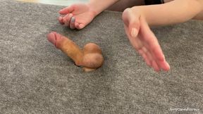 The girl jerks off the guy, squeezes the dick and kicks in the balls. When the guy cum she continued to jerk off Post Orgasm