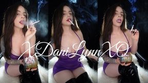 Smoking in Sexy Purple Lingerie Dress