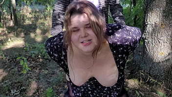 Cute horny traveling companion fucks a stranger in the woods in all her holes and sensually sucks his cock while masturbating her pussy