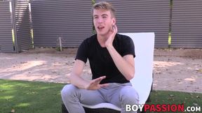 Interviewed twink takes a shower and jacks off until he cums