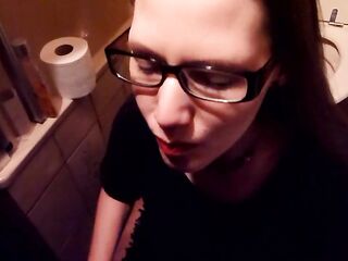 Nerdy librarian with glasses likes to gulp urinate