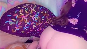 Inflatable orange slice with pockets, filled one with dildo and riding till cum.