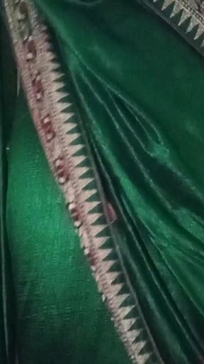 Indian Gay Crossdresser Gaurisissy in Green Saree Pressing Her Big Boobs and Fingering in Her Ass