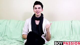 Interview leads to twink masturbating and using a big dildo