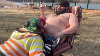 Smoking outdoor blowjob