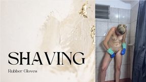 shaving in multicolored rubber gloves