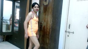 Sweet sissy crossdresser femboy Sweet Lollipop in a tank top only.