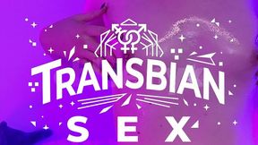 Trans girl fucks oiled up tight pussy in neon lights