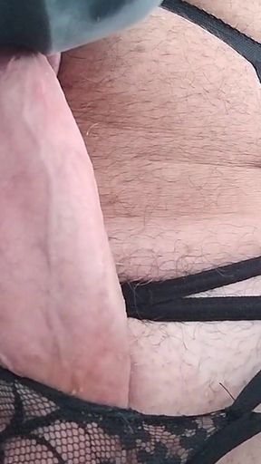 Trans CD in Black Lingerie Masturbates with Wand