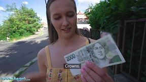 Blonde euro slut with beautiful tits has sex for money on the street