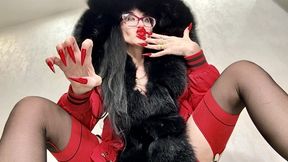 RED long nails, claws and FUR, red underwear, stockings with suspenders