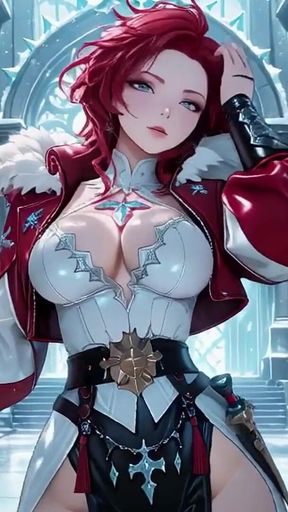 Ice Queen! Red-haired Sorceress Makes a Stunning Entrance in the Crystal Hall, Robe Slightly Open and Staff Tapping Seductively