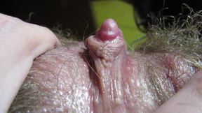 Dripping wet hairy big clit jerking and rubbing orgasm