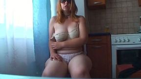 Nasty light haired bitch in sunglasses pets her hungry hairy cunt with toy