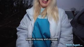 Blonde Pizza Delivery girl with BIG NATURAL BOOBS gets her wet pussy filled