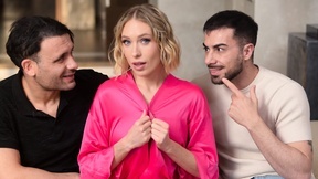 Short-haired bitch Angelika Grays gets spit roasted and DPed in the living room