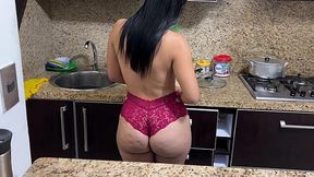 Hot stepmom in skimpy lingerie teases with her fat Latina ass all over the damn house