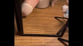 Adorable Crossdresser in White Stockings Enjoys Solo Time