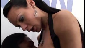 Beautiful shemale slut knows how to ride a black cock on the couch