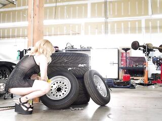 BUSTY BLONDE LATIN SWEETHEART STEP SIS Shows Her ASS in a Black Mini Suit During the time that She Cleans The Wheels