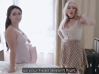 Golden-haired Step Mama and Step Daughter Kiss Passionately as They Help Step Son Cum in Their One Daybed Hotel Room Taboo trio
