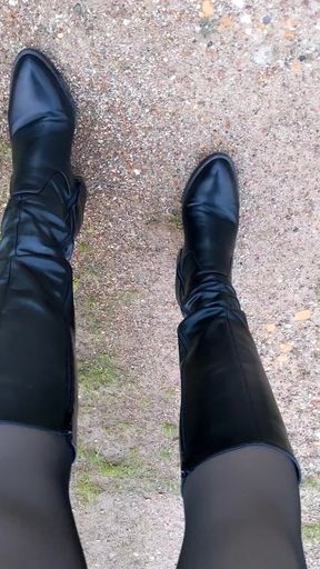 Horny sissy slut in leather outfit enfemme in the woods