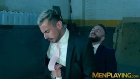 Blindfolded businessman Dani Rivera sucked dildo and fucked