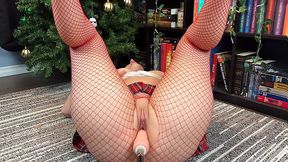 Horny PAWG in fishnets and red high heels gets her pussy pounded by fuck machine