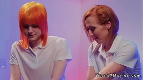 Shemales fuck blonde in massage parlor in threesome