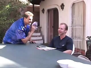 Concupiscent ebony haired hotty sucks and bangs four studs by the pool