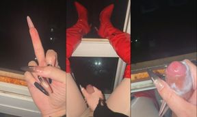 偽娘超長美甲夜晚窗口手擼雞巴射到樓下